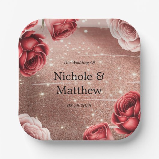 Rose Gold Glitzer mit Rote Rosen Hochzeit Pappteller (Vorderseite)