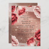 Rose Gold Glitzer mit Rote Rosen Polterabend Einladung (Vorne/Hinten)