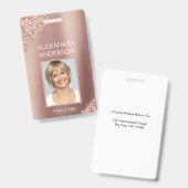 Rose Gold Glitzer Mitarbeiter Name Foto Corporate Ausweis (Vorder- & Rückseite)