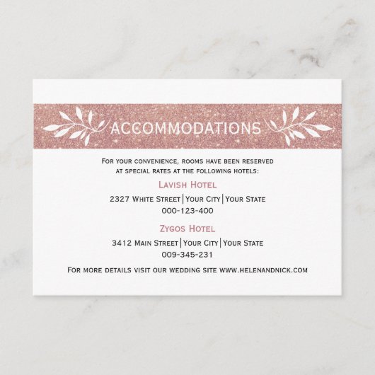 Rose Gold Glitzer Moderne Hochzeitsunterkünfte Begleitkarte (Vorderseite)