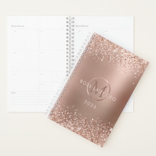 Rose Gold Glitzer Monogram Boss Lady 2025 Planer (Anzeige)