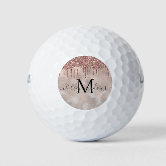 Rose Gold Glitzer Monogram Calligrafy Script Name Golfball (Vorderseite)