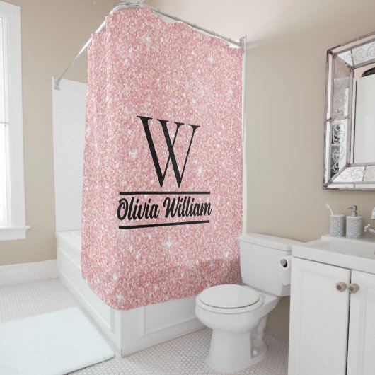 Rose Gold Glitzer Monogram | Girly Modern Sparkle Duschvorhang (Beispiel)