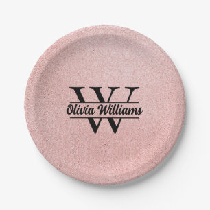 Rose Gold Glitzer Monogram   Girly Modern Sparkle Pappteller