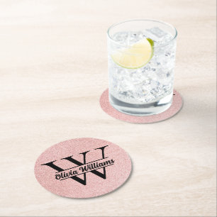 Rose Gold Glitzer Monogram   Girly Modern Sparkle Runder Pappuntersetzer