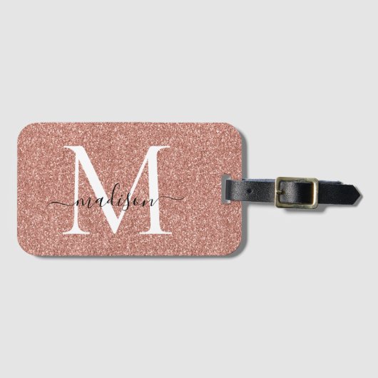 Rose Gold Glitzer Monogram Girly Script Sparkle Gepäckanhänger (Vorderseite (Horizontal))