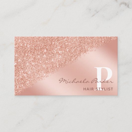 Rose Gold Glitzer Monogram Haarstylist Trendy Visitenkarte (Vorderseite)