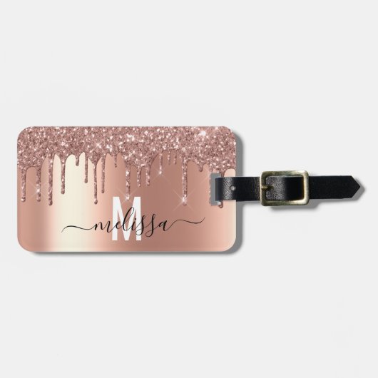 Rose Gold Glitzer Monogram Handgeschriebenes Skrip Gepäckanhänger (Vorderseite horizontal)