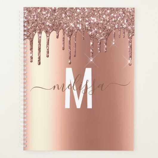Rose Gold Glitzer Monogram Handgeschriebenes Skrip Planer (Vorderseite)