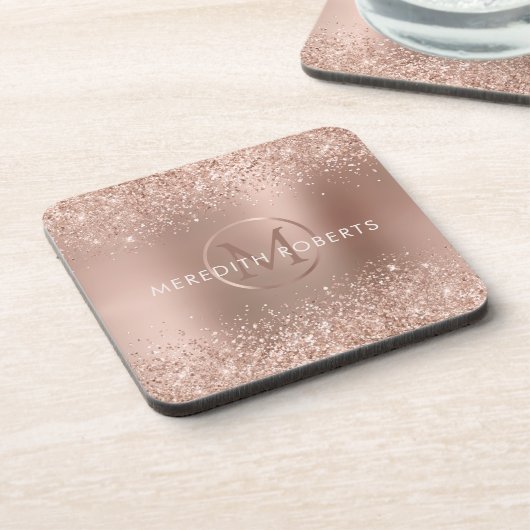 Rose Gold Glitzer Monogram Logo Getränkeuntersetzer (Linke Seite)