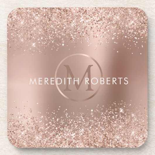 Rose Gold Glitzer Monogram Logo Getränkeuntersetzer (Vorderseite)