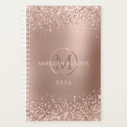 Rose Gold Glitzer Monogram Name 2026 Planer (Vorderseite)