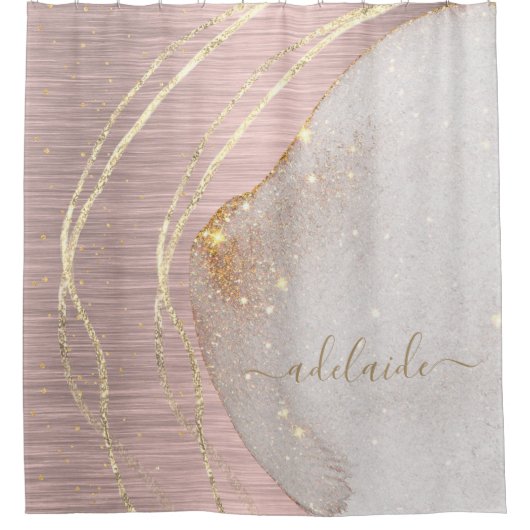 Rose Gold Glitzer Monogram Name Script Metallisch Duschvorhang (Vorderseite)