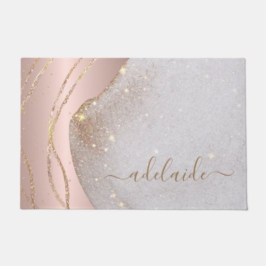 Rose Gold Glitzer Monogram Script Name Begrüßung Fußmatte (Vorderseite)