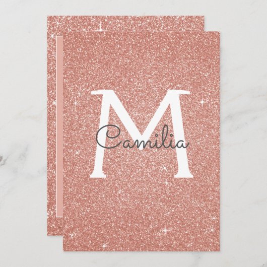 Rose Gold Glitzer Monogram Sparkasse Quinceanera Einladung (Vorne/Hinten)