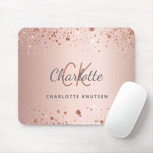 Rose Gold Glitzer Monogramm Name Mousepad (Mit Mouse)