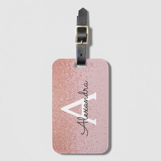 Rose Gold Glitzer Monogramm Name und Anfangsbuchst Gepäckanhänger (Vorderseite Vertikal)