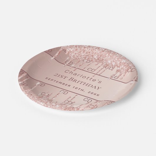 Rose Gold Glitzer Monogramm Pappteller (Schrägansicht)