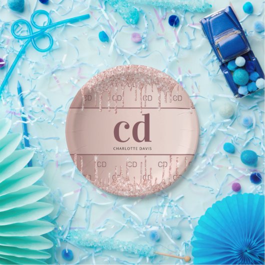 Rose Gold Glitzer Monogramm Pappteller (Party)