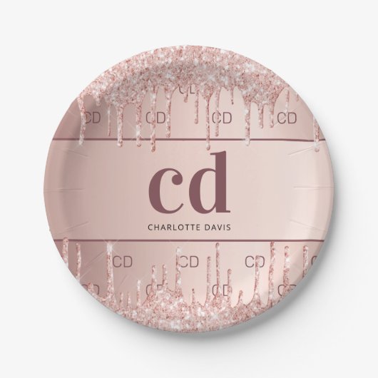 Rose Gold Glitzer Monogramm Pappteller (Vorderseite)