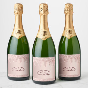 Rose Gold Glitzer Monogramm Schaumweinetikett