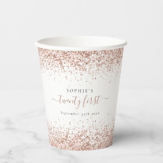 Rose Gold Glitzer Name Datum 21. Party Pappbecher (Vorderseite)