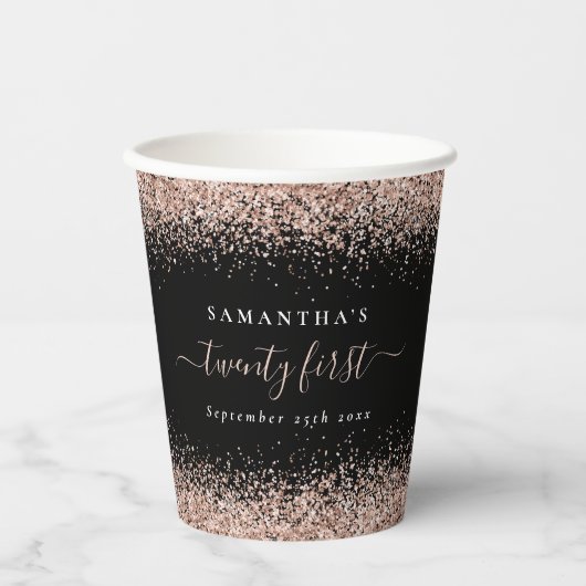 Rose Gold Glitzer Name Datum 21. Party Schwarz Pappbecher (Vorderseite)