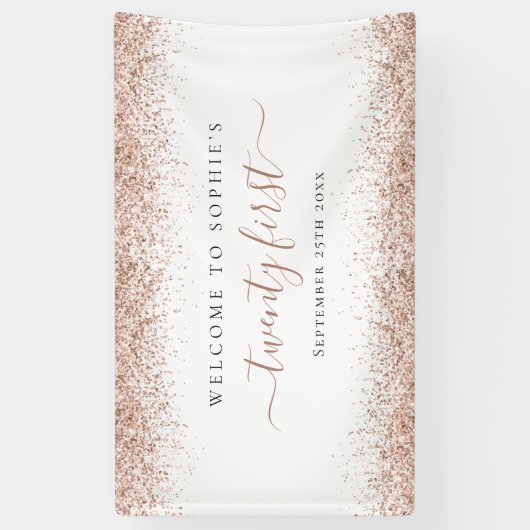 Rose Gold Glitzer Name Datum Begrüßung 21 Banner (Vertikal)