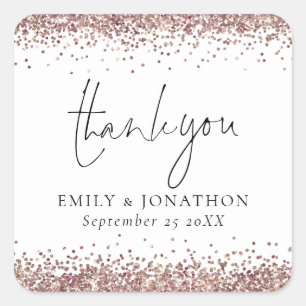 Rose Gold Glitzer Name Datum Hochzeit Vielen Dank Quadratischer Aufkleber
