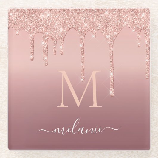 Rose Gold Glitzer Name des Buchstaben Glass Unters Glasuntersetzer (Vorderseite)