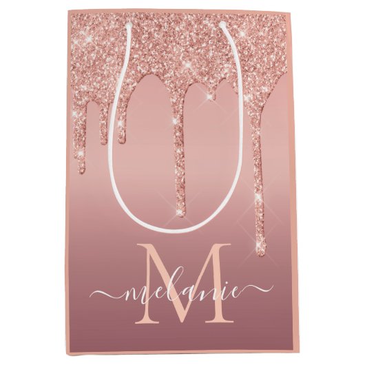 Rose Gold Glitzer Namensschild Geschenktasche Mittlere Geschenktüte (Vorderseite)