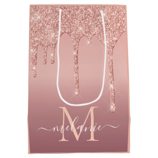 Rose Gold Glitzer Namensschild Geschenktasche Mittlere Geschenktüte (Rückseite)