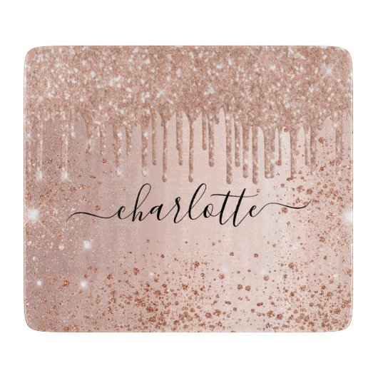 Rose Gold Glitzer Namensskript Schneidebrett (Vorderseite)