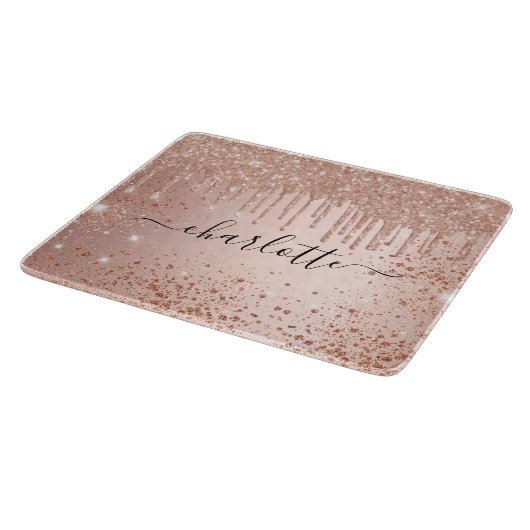 Rose Gold Glitzer Namensskript Schneidebrett (Ecke)