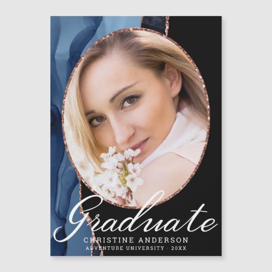 Rose Gold Glitzer Navy Blue Agate Foto Abschluss Magnetkarte (Vorderseite)