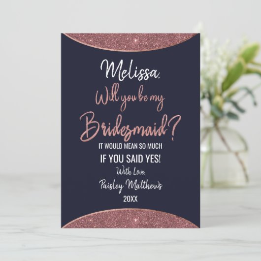 Rose Gold Glitzer Navy Blue Circle Bridesmaid Einladung (Stehend Vorderseite)