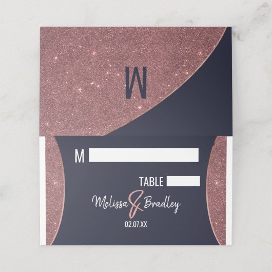 Rose Gold Glitzer Navy Blue Circle Platzkarten (Außenseite Aufgefaltet)