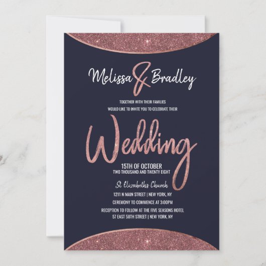 Rose Gold Glitzer Navy Blue Circular Wedding Einladung (Vorderseite)