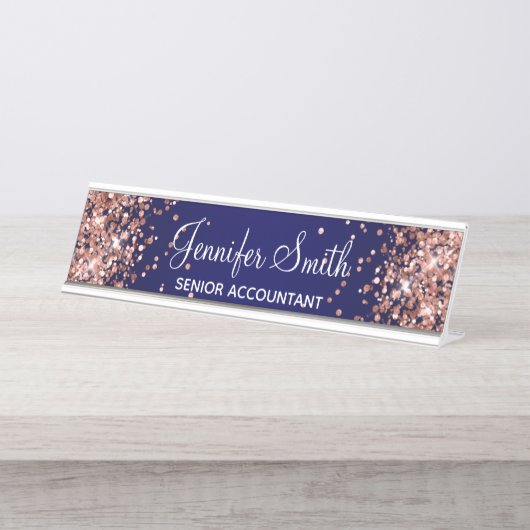 Rose Gold Glitzer Navy Blue Gradient Schreibtischnamensplakette (Vorderseite )
