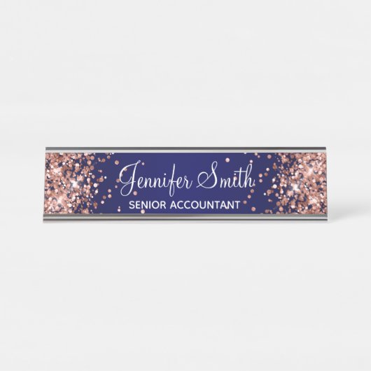 Rose Gold Glitzer Navy Blue Gradient Schreibtischnamensplakette (Vorderseite )