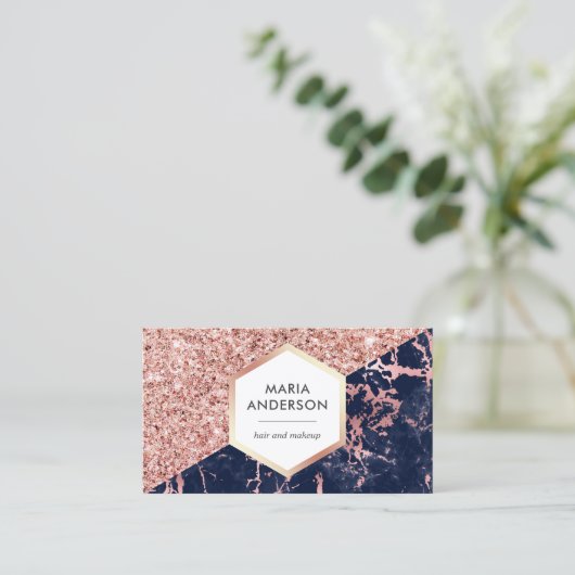 Rose Gold Glitzer Navy Blue Marmor Makeup Artist Visitenkarte (Stehend Vorderseite)