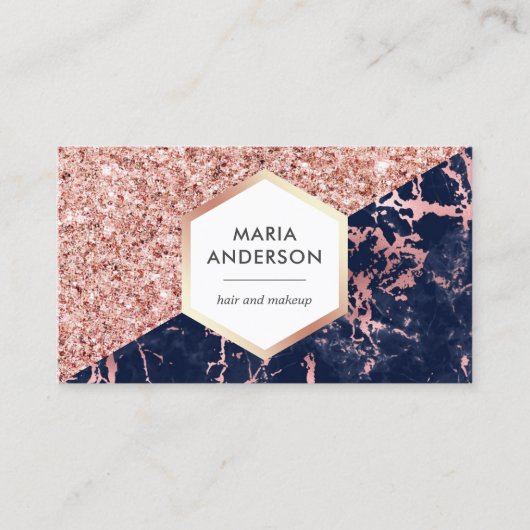 Rose Gold Glitzer Navy Blue Marmor Makeup Artist Visitenkarte (Vorderseite)