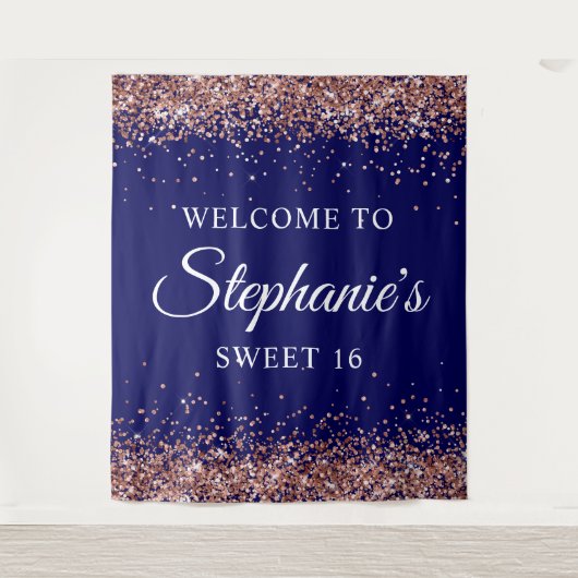 Rose Gold Glitzer Navy Blue Willkommen im Sweet 16 Wandteppich (Vorderseite)