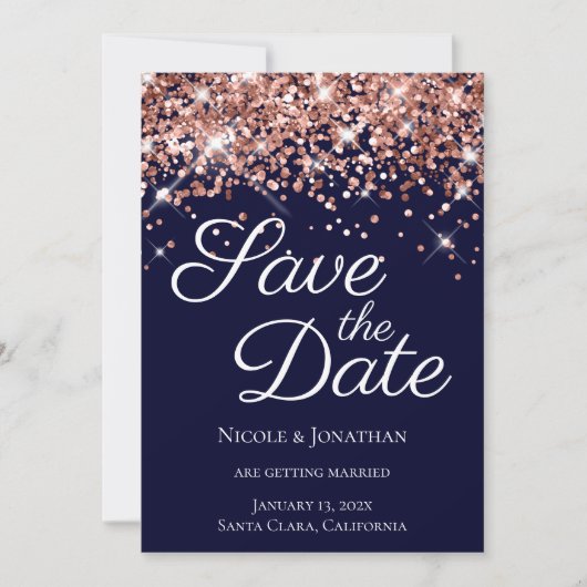 Rose Gold Glitzer Navy Elegante Kalligrafie Save The Date (Vorderseite)