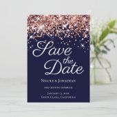 Rose Gold Glitzer Navy Elegante Kalligrafie Save The Date (Stehend Vorderseite)