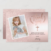 Rose Gold Glitzer Ober Folie Erstkommunion Foto Dankeskarte (Vorne/Hinten)