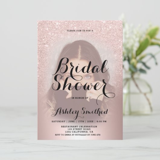 Rose Gold Glitzer Ober Foto Brautparty Einladung (Stehend Vorderseite)