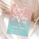 Rose Gold Glitzer ombre aquamarine Typografie Swee Einladung<br><div class="desc">Ein modernes, hübsches Imitat Rose Gold Glitzer Dusche ombre mit Robbini Eigelb aquamarin türkisfarben Block Sweet 16 Drehbuch Typografie Geburtstagsfeier Einladung mit Rose goldfarben ombre Muster verblassen auf einem blauen Hintergrund. Perfekt für eine Prinzessin 16 . Geburtstag, perfekt für sie, die Fashionista, die moderne Muster und Glam Liebe. Zögern Sie...</div>
