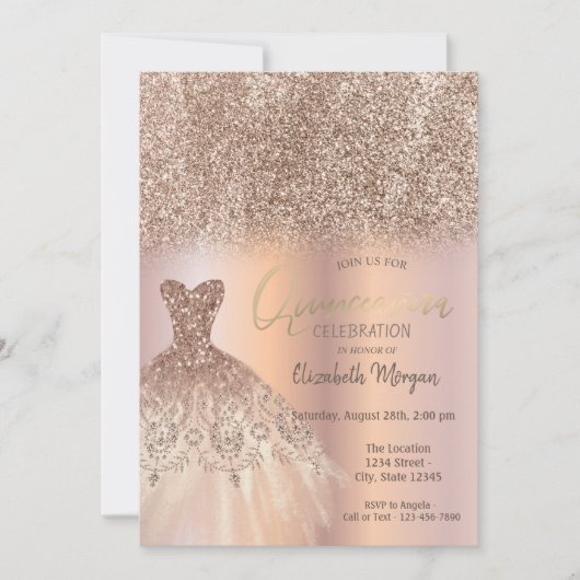 Rose Gold Glitzer Ombre Chic Dress Quinceañera Einladung (Vorderseite)