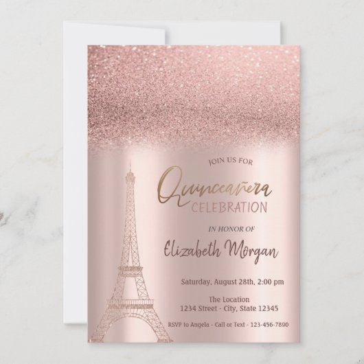 Rose Gold Glitzer Ombre, Eiffelturm Quinceanera Einladung (Vorderseite)